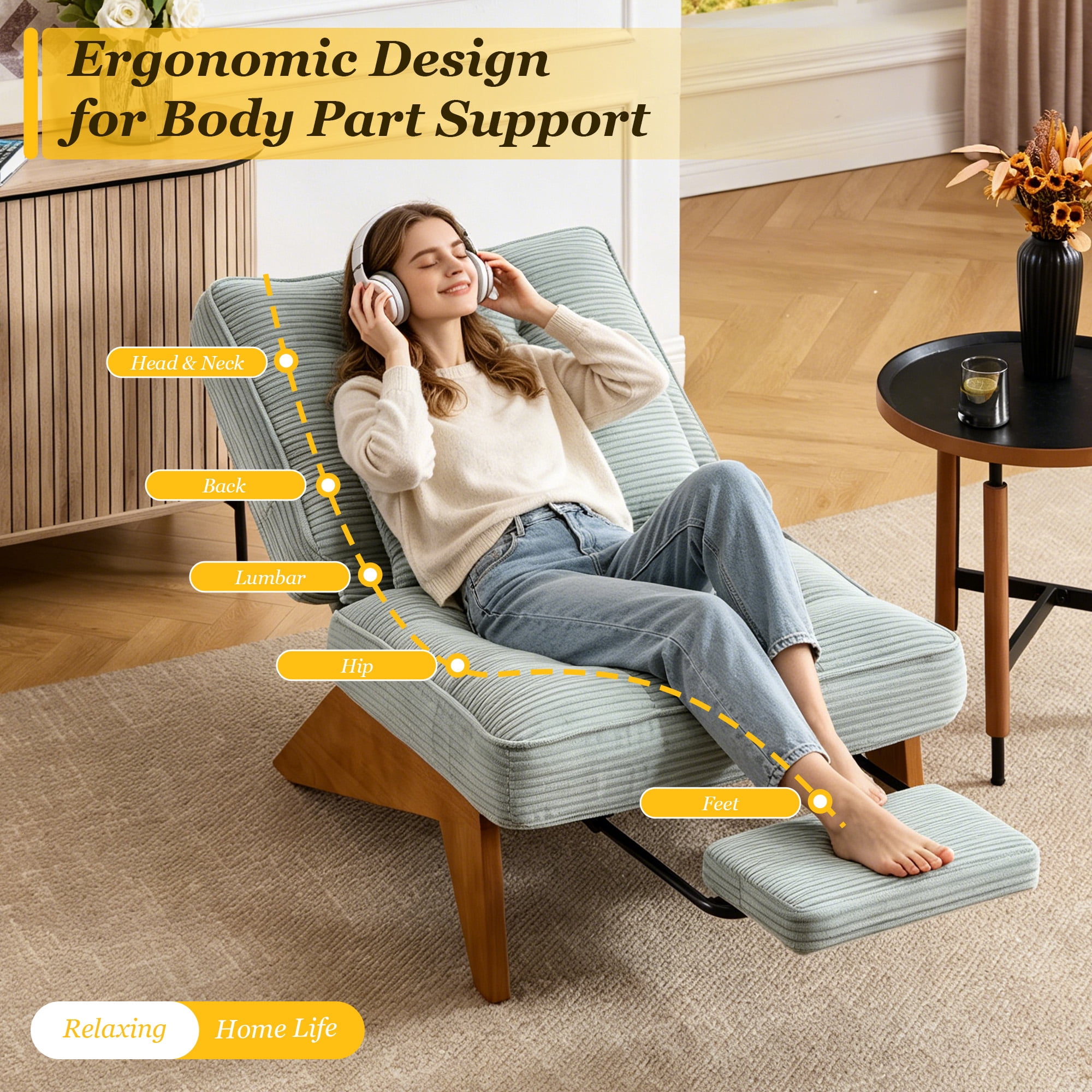 MOONMISS Modern Adjustable Lounge Chair with Footrest,Wooden Base Upholstered Recliner for Reading Rest Corduroy