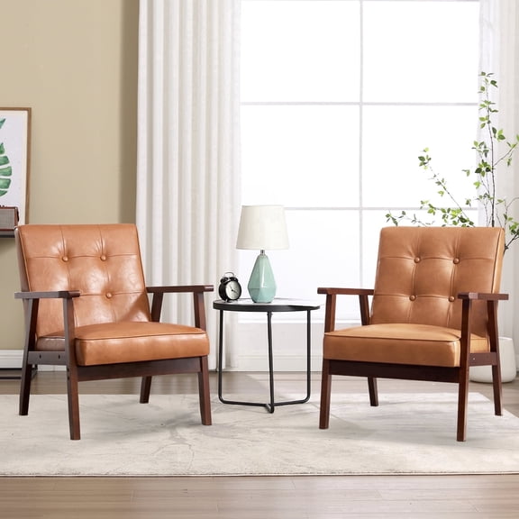Bonzy Home Accent Chair Set of 2 Mid Century Modern PU Leather Armchair with Wood Frame for Living Room Bedroom Study Room, Easy Assembly, Brown