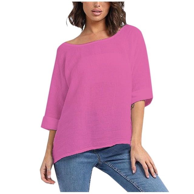 T-Shirt Court en Lin Uni à Manches 3/4 Col Rond Décontracté pour Femmes Grandes Tailles