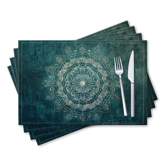 BaHomeck placemats Set of 4 rectangle Linen Cotton Placemats for Dining Table Washable Heat Resistant,18*12inch,White Mandala On Dark Teal Background