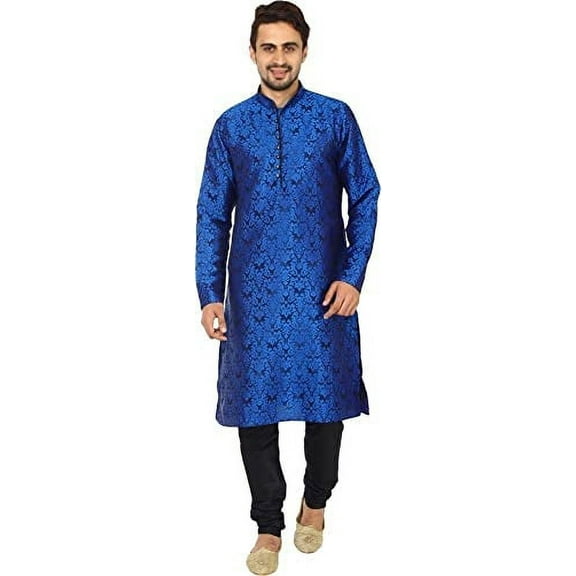 Royal Kurta Men's Jacquard Silk Floral Kurta Pyjama (Blue, 38)