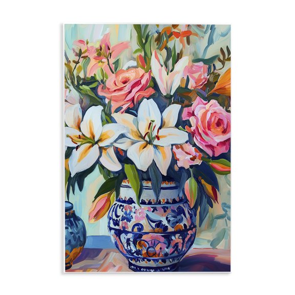 Stupell Industries Contemporary Colorful Flowers in Blue Ornate Vase Wall Plaque Art, 13 x 19, by Gina Kelly