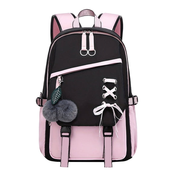 FUZHIQ Bow School Backpack for Ages 6-12 Plush Pendant Multi Compartment Padded Straps Casual Daily Student Bookbag, Pink
