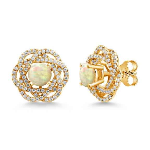 Gem Stone King 18K Yellow Gold Plated Silver Stud Earrings with Jackets Cabochon Ethiopian Opal and Moissanite (1.84 Cttw)