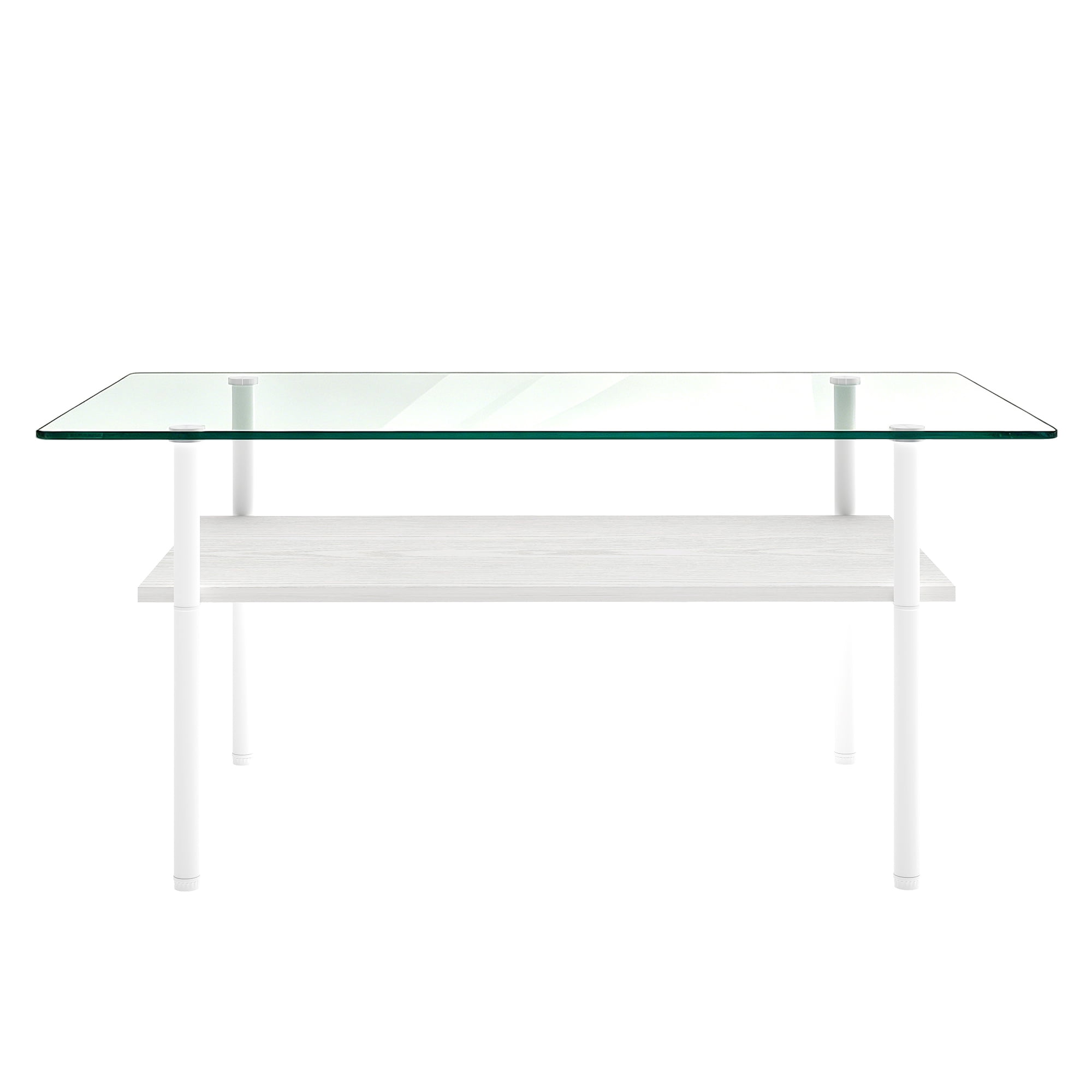Modern Rectangular Glass Coffee Table with Tempered Glass Top and Wood Shelf, 38.6-Inch Center Table for Living Room, Transparent and White