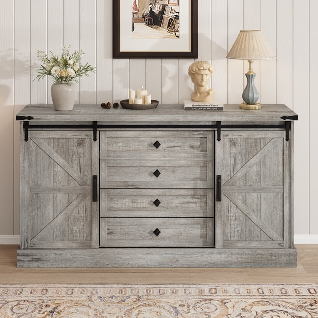 Farmhouse 4 Drawer Dresser for Bedroom, 59" Wood Dressers with Wood Barn Doors, TV Stand with Large Drawers & Bar Handles, Dressers & Chests of Drawers for Closet, Living Room
