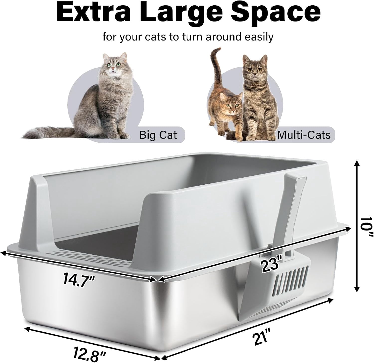 2PCS Stainless Steel Cat Litter Box with Lid Large to XL,Metal Litter Box High Sides for Big/Multiple Cats,Open Design,Indoor,1-Mat and 1-Scoop,Easy to Clean, No Odor,Anti-Urine Leakage