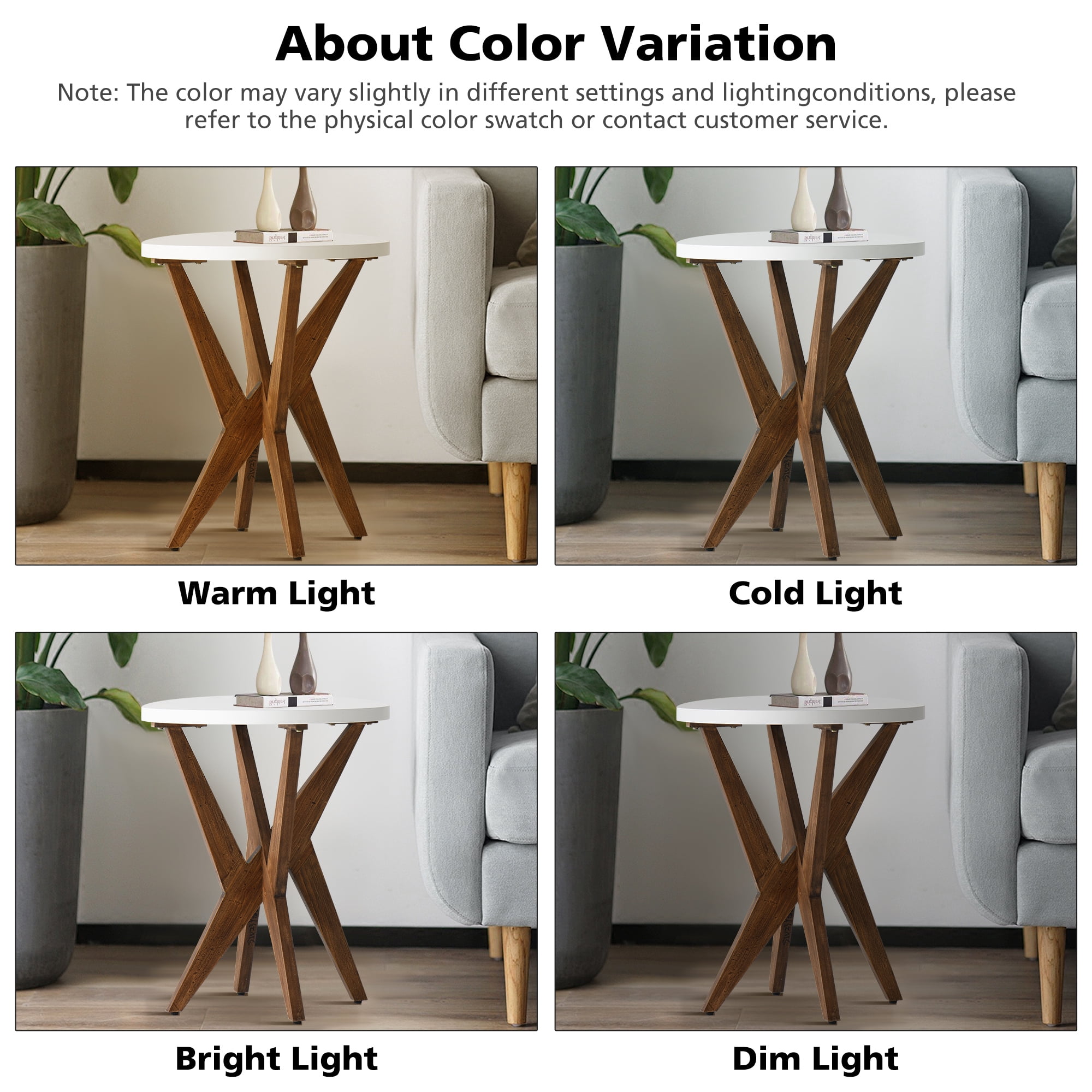 Round End Table 24'' High Side Table with White Top & Cross Legs, Mid Century Modern Accent Bedside Table for Living Room, Balcony, Bedroom or Small Spaces, White Walnut