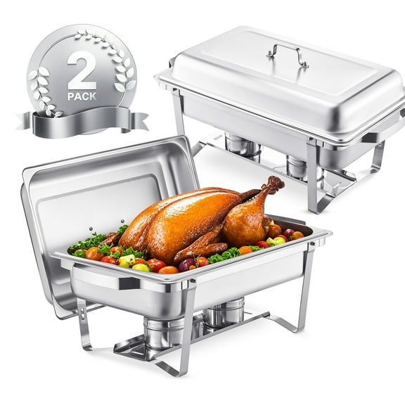 KFFKFF 2 Pack Chafing Dish, 8QT Stainless Steel Buffet Serving Set, with Two Full-Sized Trays, Cover, Water Tray, Stand, and Fuel Container for Home Party, Buffets