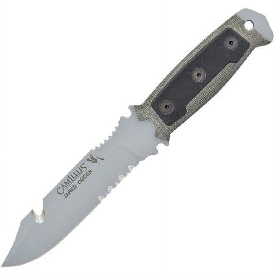 Camillus Skol 10.5" 1095 High Carbon Steel Fixed Knife with Molded Sheath, Micarta, G10 Inlay Handle, Partially Serrated Gut Hook, Hunting, Camping, Outdoors Activities, Survival Knife, 1-Count
