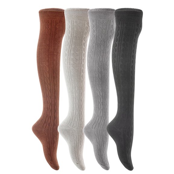 Lian LifeStyle Big Girls' 4 Pairs Over Knee High Cotton Boot Socks JMYP1024 Size L/XL(Black,Coffee,Grey, Dark Grey)