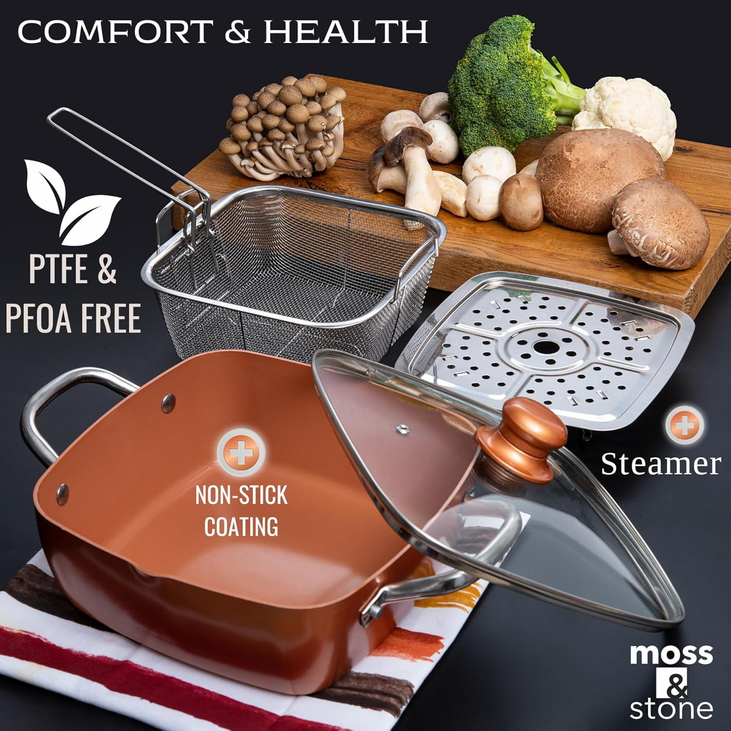 Copper Chef Cookware Set, 5 Pcs Non Stick Deep Frying Pan, Fry Basket, Steamer , Dishwasher Safe