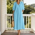 thumbnail image 6 of SETOOFF Women Ruffled V Neck Midi Dress Puff 3/4 Sleeve Loose Shift Dress Casual Side Pockets Vacation Travel Outfits, 6 of 7