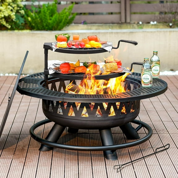 Fire Pit with Grills, Outdoor Firepits for Outside, Wood Burning Fireplace for Camping,Picnic,Bonfire, Metal Table with Lid for Backyard,Patio,Party