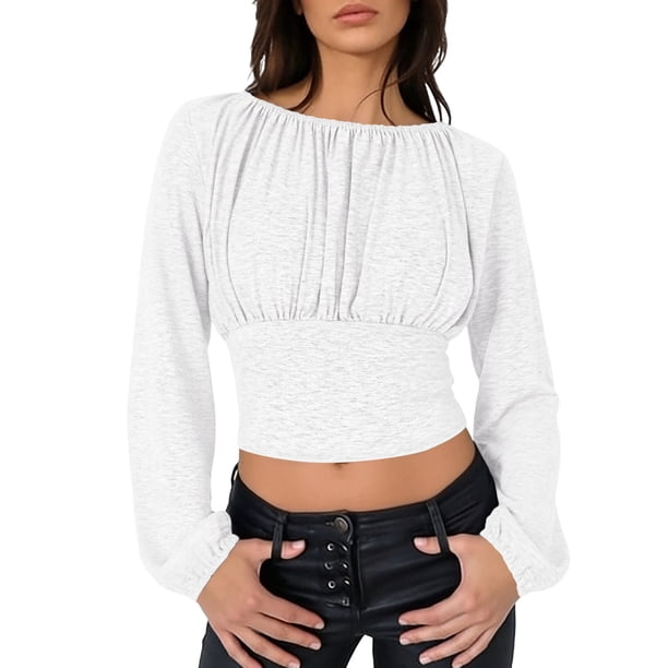 TaTaai Women's Solid Color Off Shoulder Long Sleeve Top Ladies Pleated High Waist Slim Fit Shirt Fashion Casual for Daily Party Work Travel Streetwear All Season Wear Gift