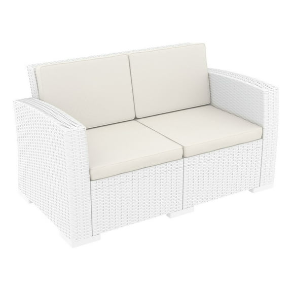 Luxury Commercial Living 55" White Outdoor Patio Loveseat with Natural Beige Sunbrella Cushion