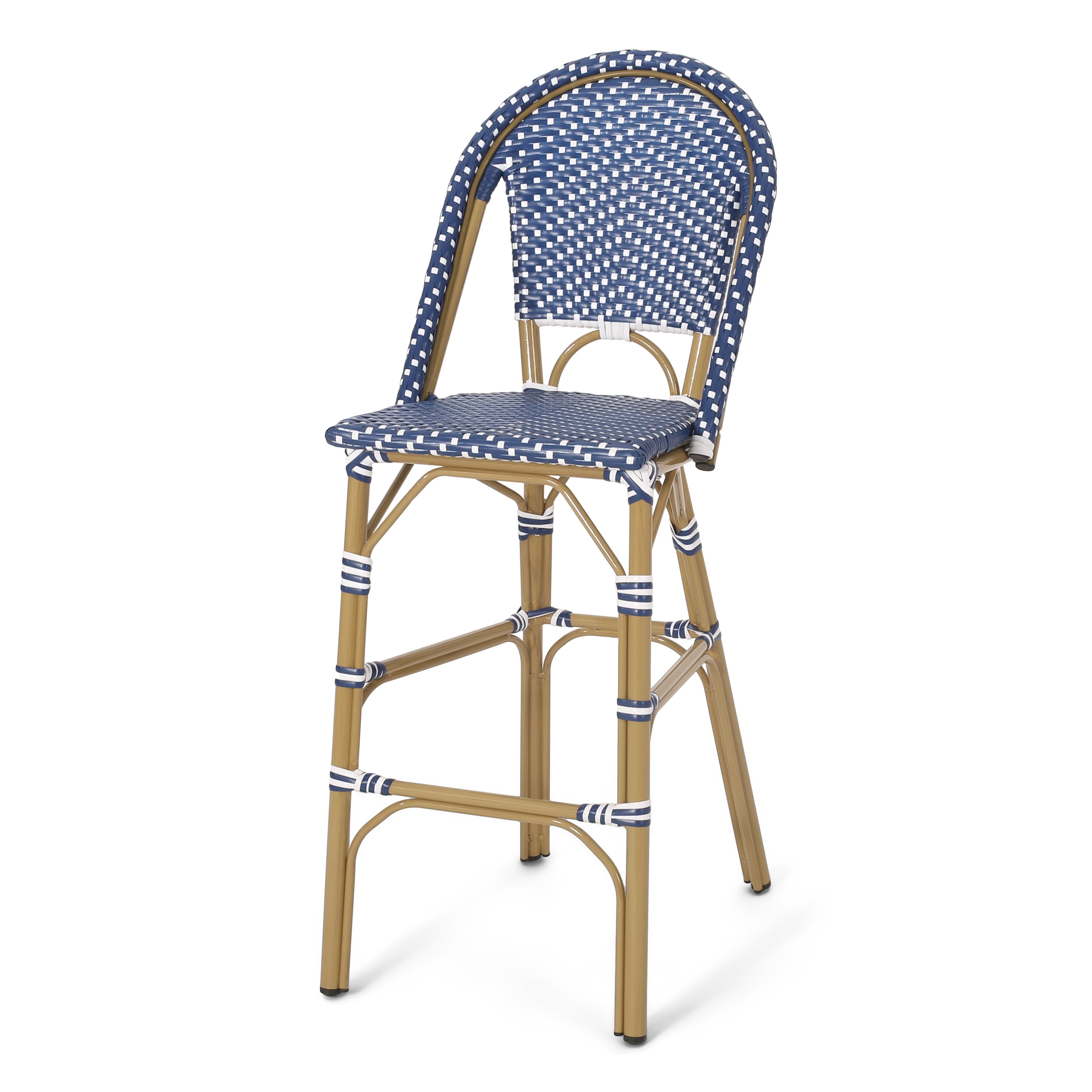 Outdoor French Style Bar Stool Set of 2 29.5 Inch, PE Rattan Frame Height Seats for Patio Bar, Dark Teal and White