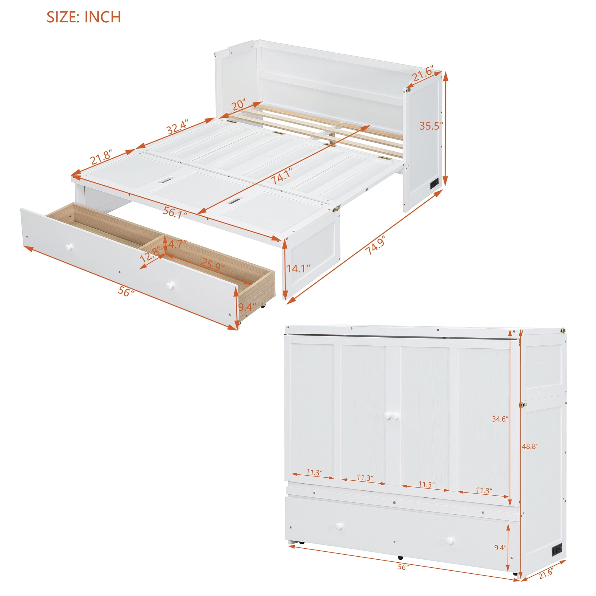 Aukfa Full Size Murphy Bed with Charging Station, Cabinet Bed with Storage Drawers for Home/Office/Small Room, Full Foldable Platform Bed, White