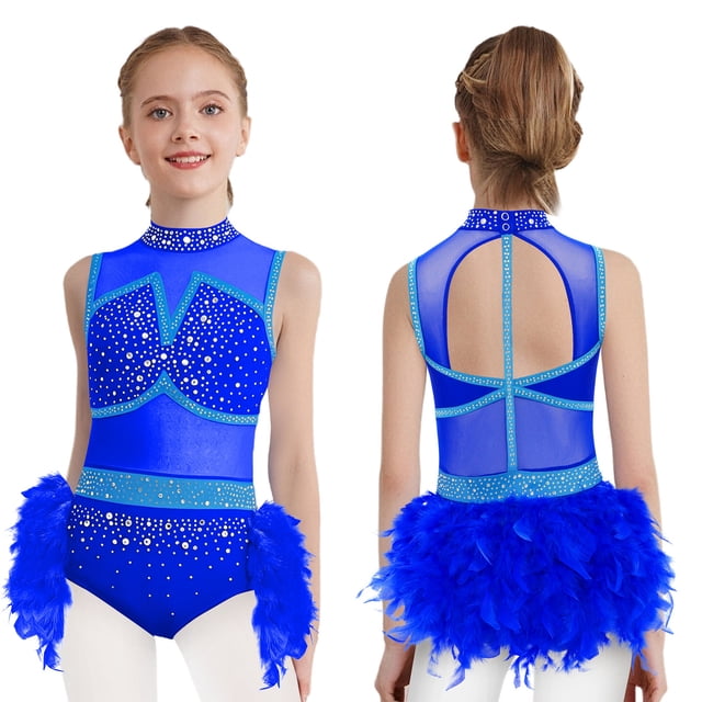 CHICTRY Justaucorps de Danse Ballet pour Filles Robe de Patinage Artistique Jupe Tutu à Plumes Costume de Performance sur Scène Bleu 14