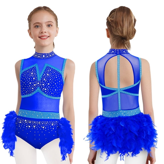iixpin Girls Jazz Latin Tutu Leotard Rhinestones Cutout Back Feather Skirt for Ballet Dance Galas Pageants Blue 12
