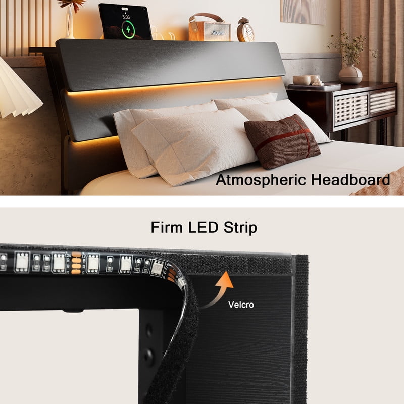 Galnfu Floating Queen Size Bed Frame with LED Light and USB Port Charging Station, Platform Bed with Wooden Storage Headboard, Sturdy Steel Slats,Easy to Assemble, Black.