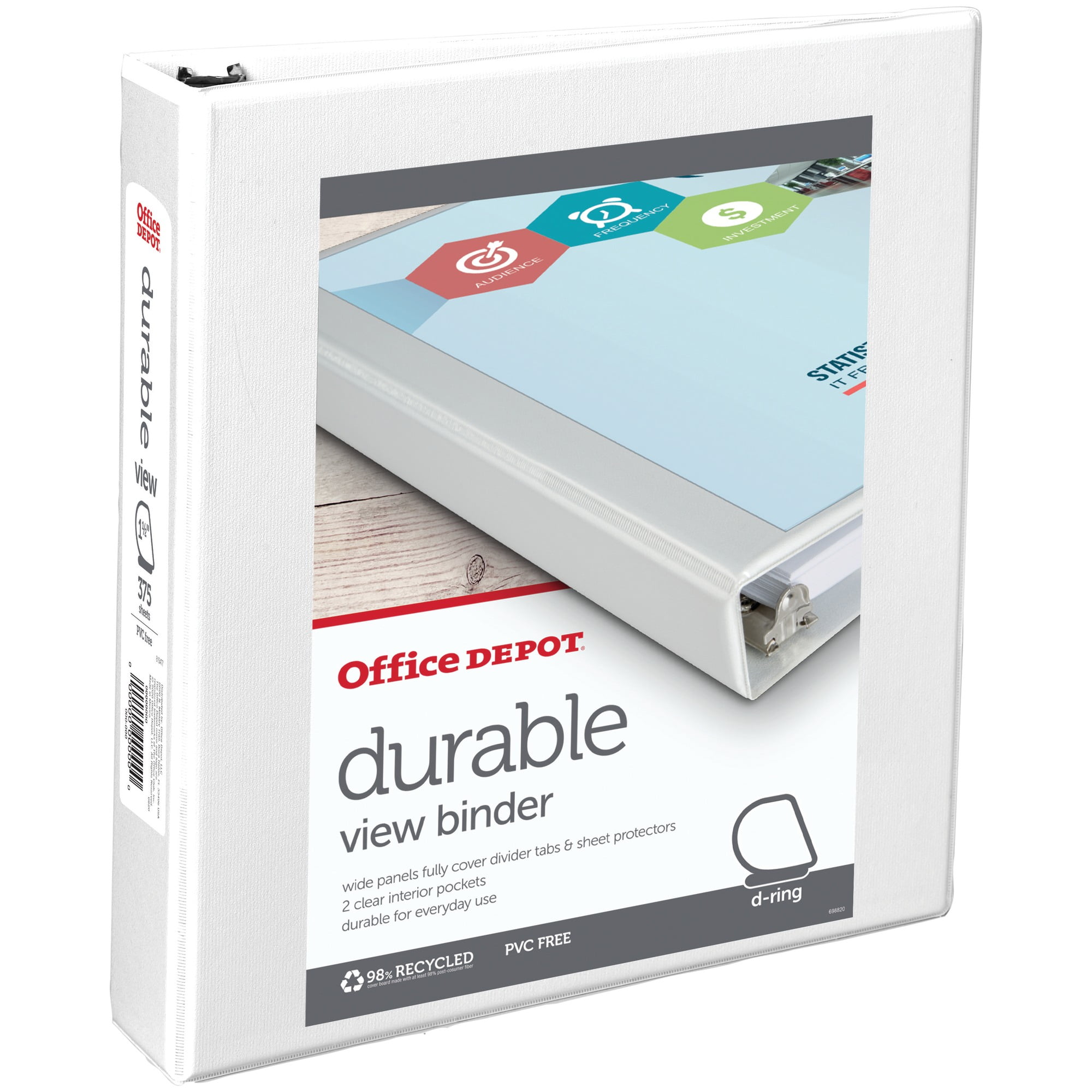 Office Depot® Brand Durable View D-Ring Binder, 1 1/2' Rings, 39% Recycled, White