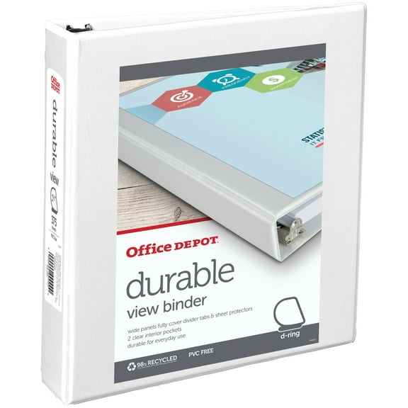 Office Depot® Brand Durable View D-Ring Binder, 1 1/2" Rings, 39% Recycled, White