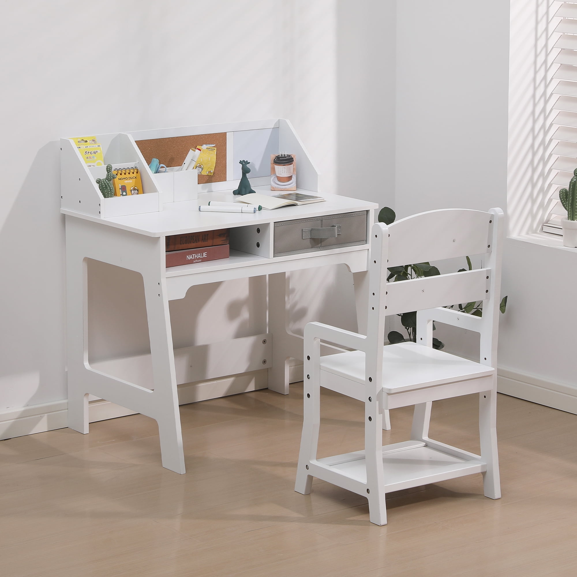 Kids Study Desk and Chair Set, Wood Kids Writing Table with Storage, Kids Activity Table with Bookshelf, Bulletin Board, Computer Desk for Boys and Girls