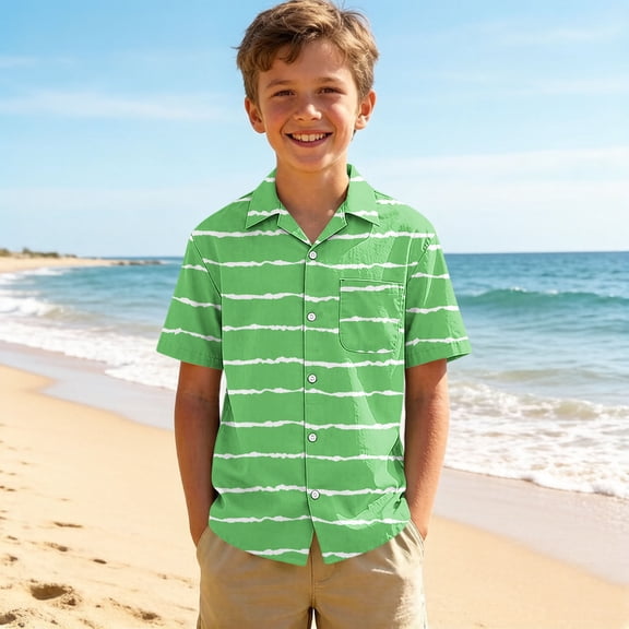 ITSAME Boys Button-Up Shirts Lapel Striped Print Short Sleeve Summer Casual Shirt with Pocket Mint Green Size 7-8