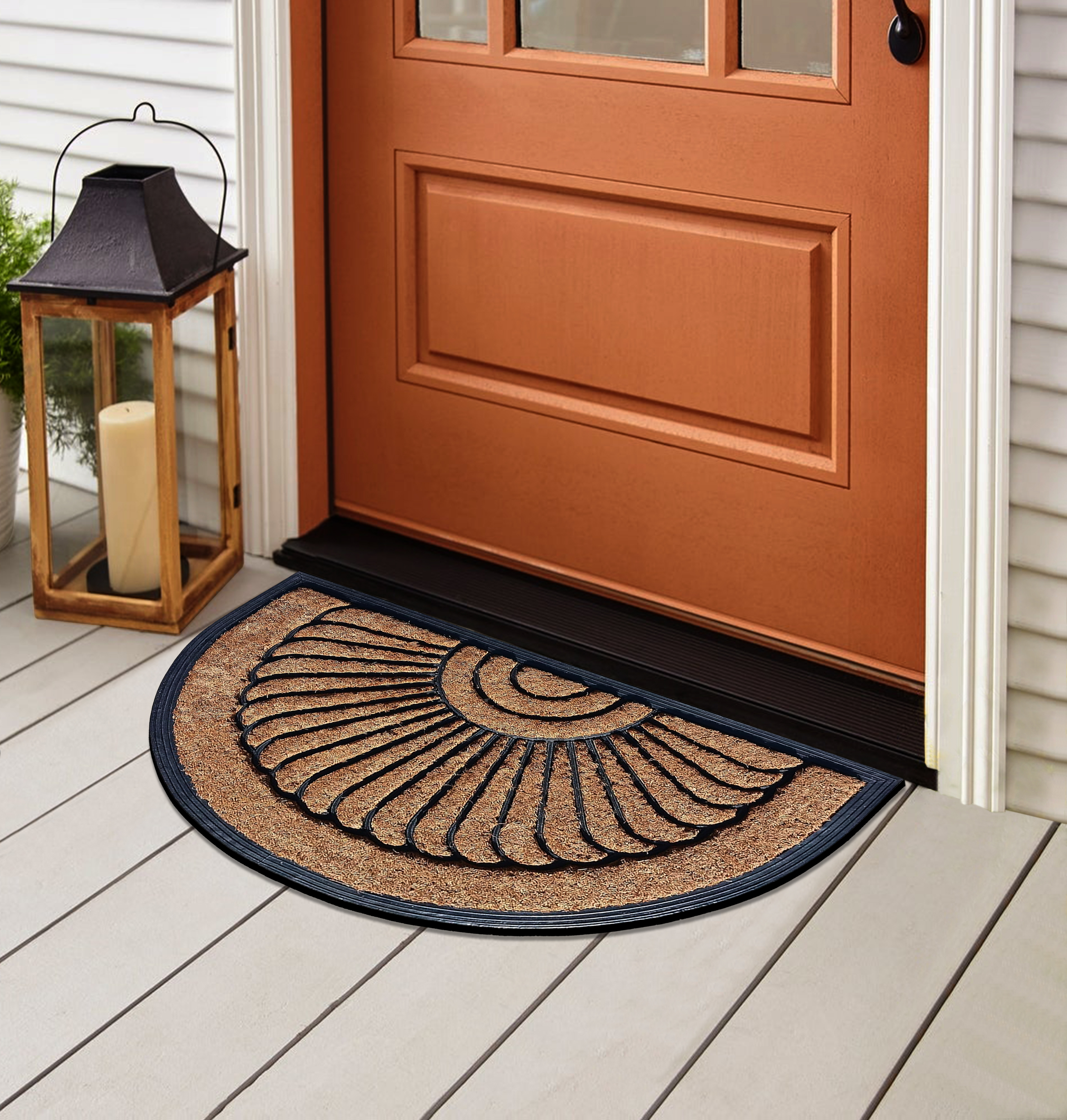 A1HC Natural Coir & Rubber Half Round Door Mat 18x30 Inches Thick Durable Doormats for Entrance Heavy Duty, Long Lasting Front Entry Doormat, Sunburst Black