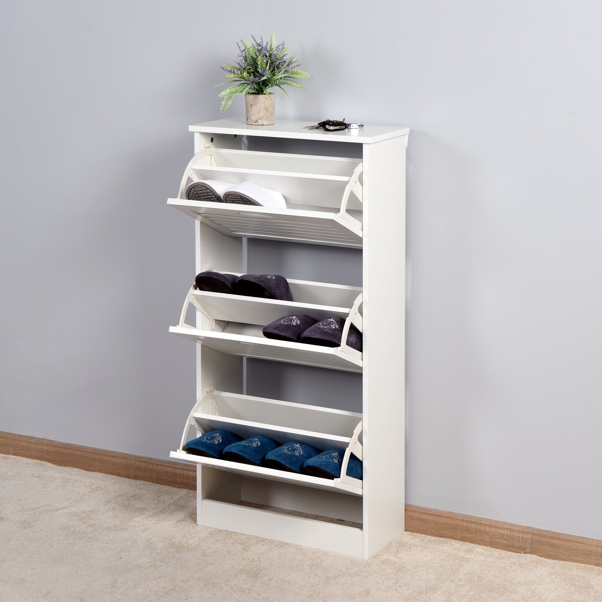 DEALTOPS Shoe Cabinet with Doors and Drawers, Free Standing Wooden Shoe Cabinet for Entryway - White