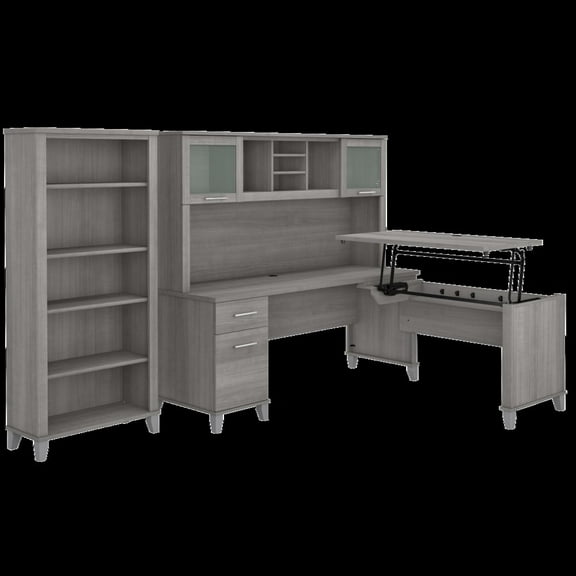 Somerset Sit to Stand L Desk with Hutch and Bookcase in Gray - Engineered Wood