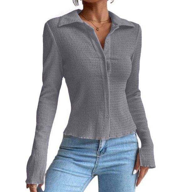 Camiseta informal ajustada de Color sólido para mujer, rebeca con botones de solapa, camisetas de manga larga con aberturas, Tops de otoño, ropa de calle de Color sólido