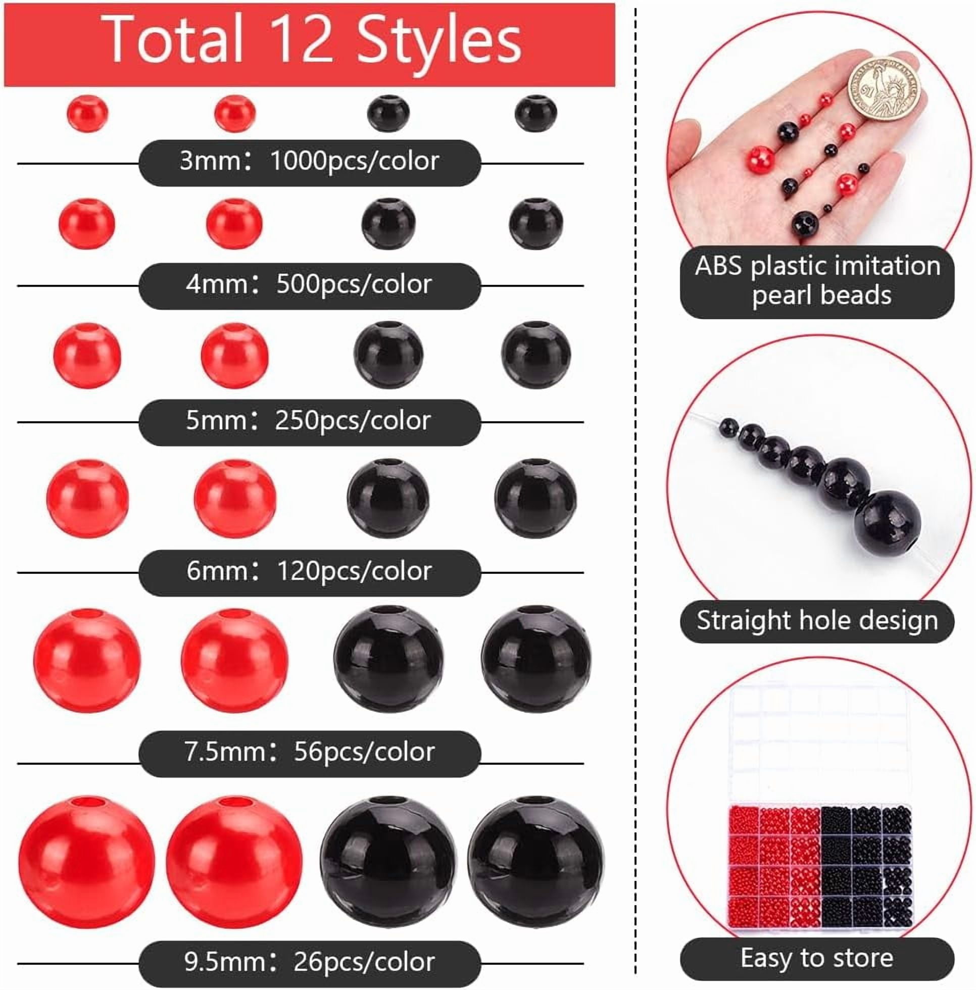 PH 3904pcs Red Black Pearl Beads Set 3/4/5/6/8/10mm Pearls Satin Beads Imination Pearls Punk Goth Spacer Bead for Bracelet Necklace Jewelry Making Decoration Colorful