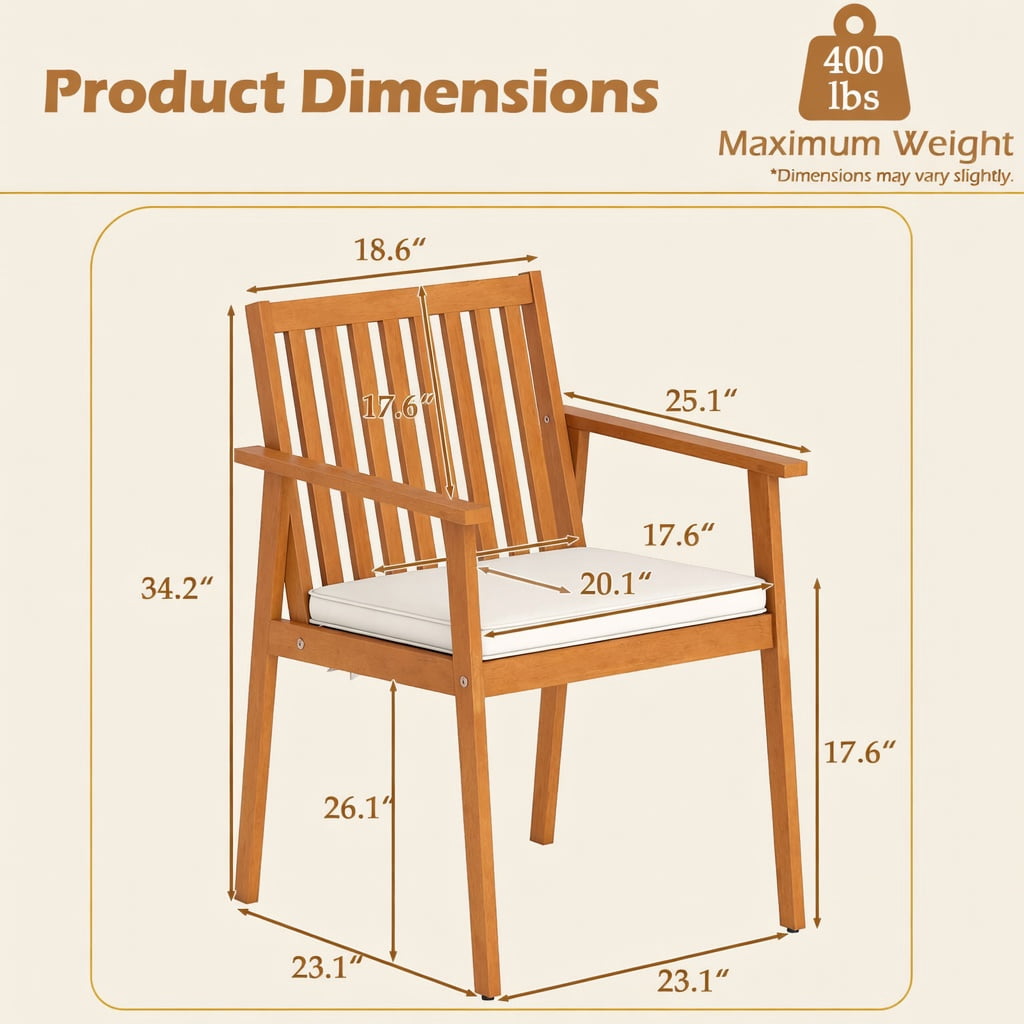 Hommoo 2-Pack Outdoor Dining Chairs, Acacia Wood Patio Chairs with Removable Zippered Cushions, Ideal for Backyard, Porch & Deck, White