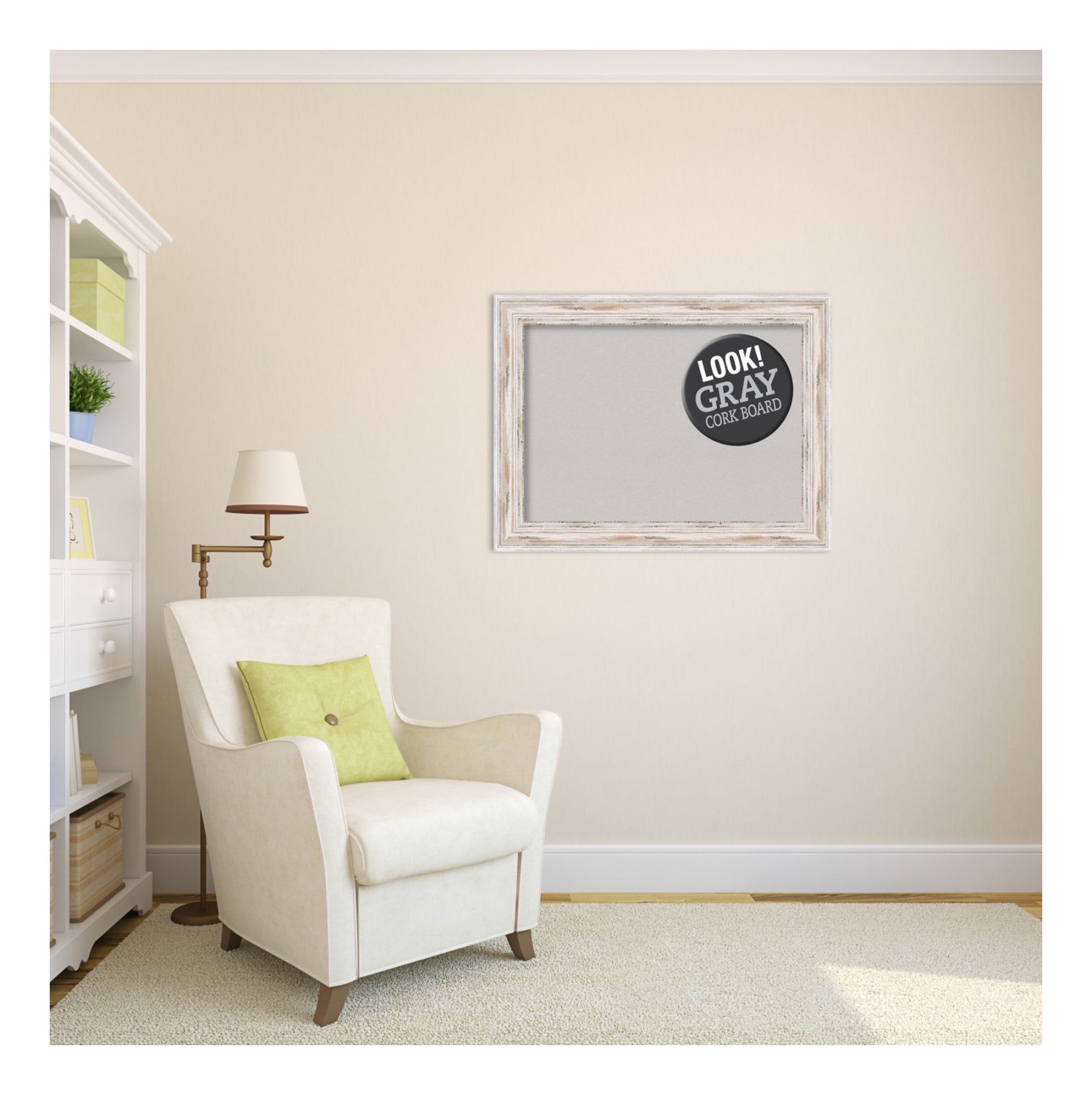 Amanti Art Grey Cork Board Wood Framed Alexandria White Wash Bulletin Board 33 in. x 25 in.