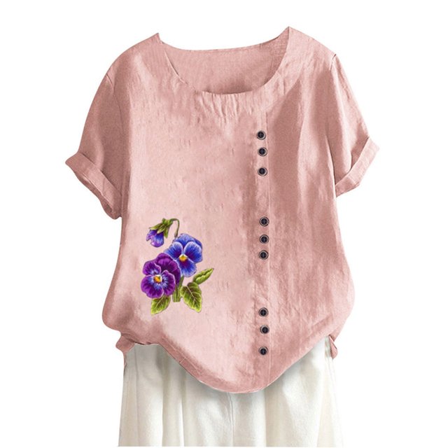 Birdeem Blouses pour Femmes Haut Décontracté en Coton et Lin Imprimé Manches Courtes T-Shirt à Boutons Blouse Tops