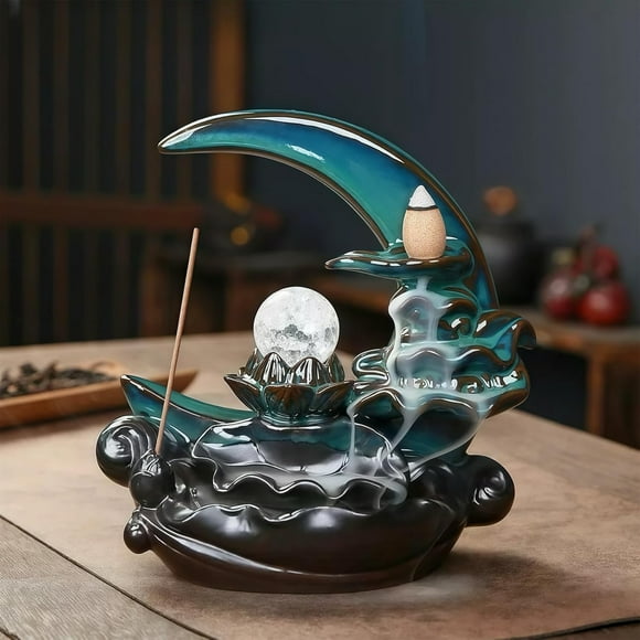 XINGZUAN Moon Backflow Incense Burner,Ceramic Incense Waterfall Burners, Incense Waterfall Fountain Holders,Incense Stick Holder with 60 Backflow Incense Cones and 40 Incense Sticks