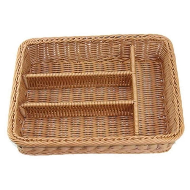 Organizador de cajones de cocina, cesta de almacenamiento de cubiertos, 4 compartimentos, tenedores de cocina, cuchillos, almacenamiento de ratán