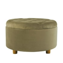 Benjara Jo Storage Ottoman- 28" Round Tufted Lift Top- Sage Green Velvet