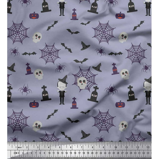 Soimoi Polyester Crepe Fabric Bat,Skull & Witch Halloween Decor Fabric Printed Yard 42 Inch Wide