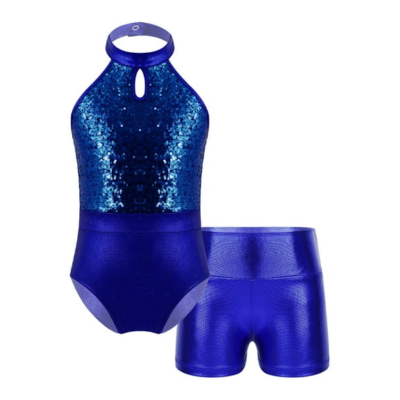 iiniim Leotards for Girls Gymnastics with Shorts 2Pcs Gymnastics Unitard Fitness Bodysuit Jumpsuit Royal Blue 6