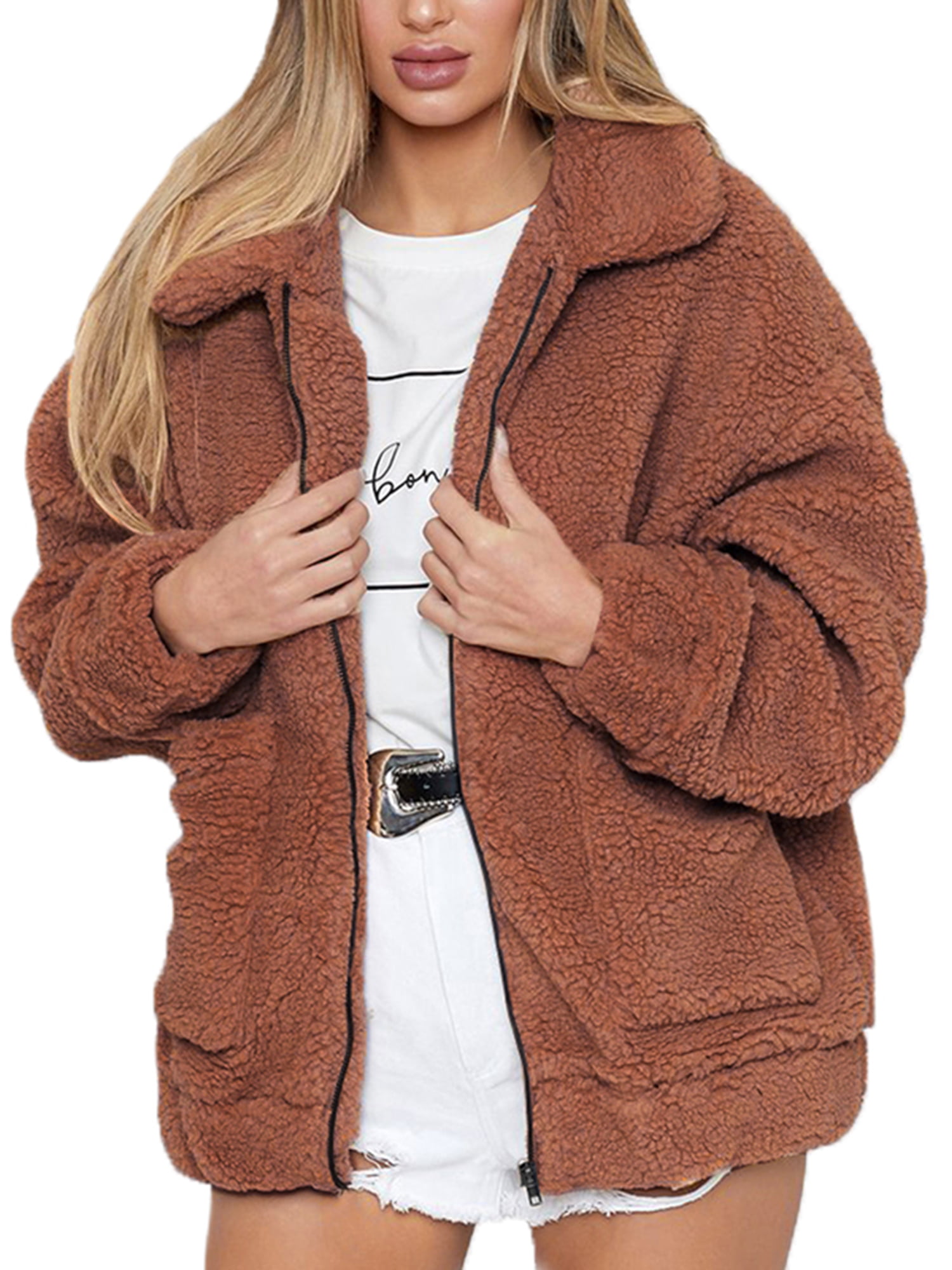 Womens Fleece Coat Ladies Winter Warm Teddy Bear Long Sleeve Jacket Outwear New 