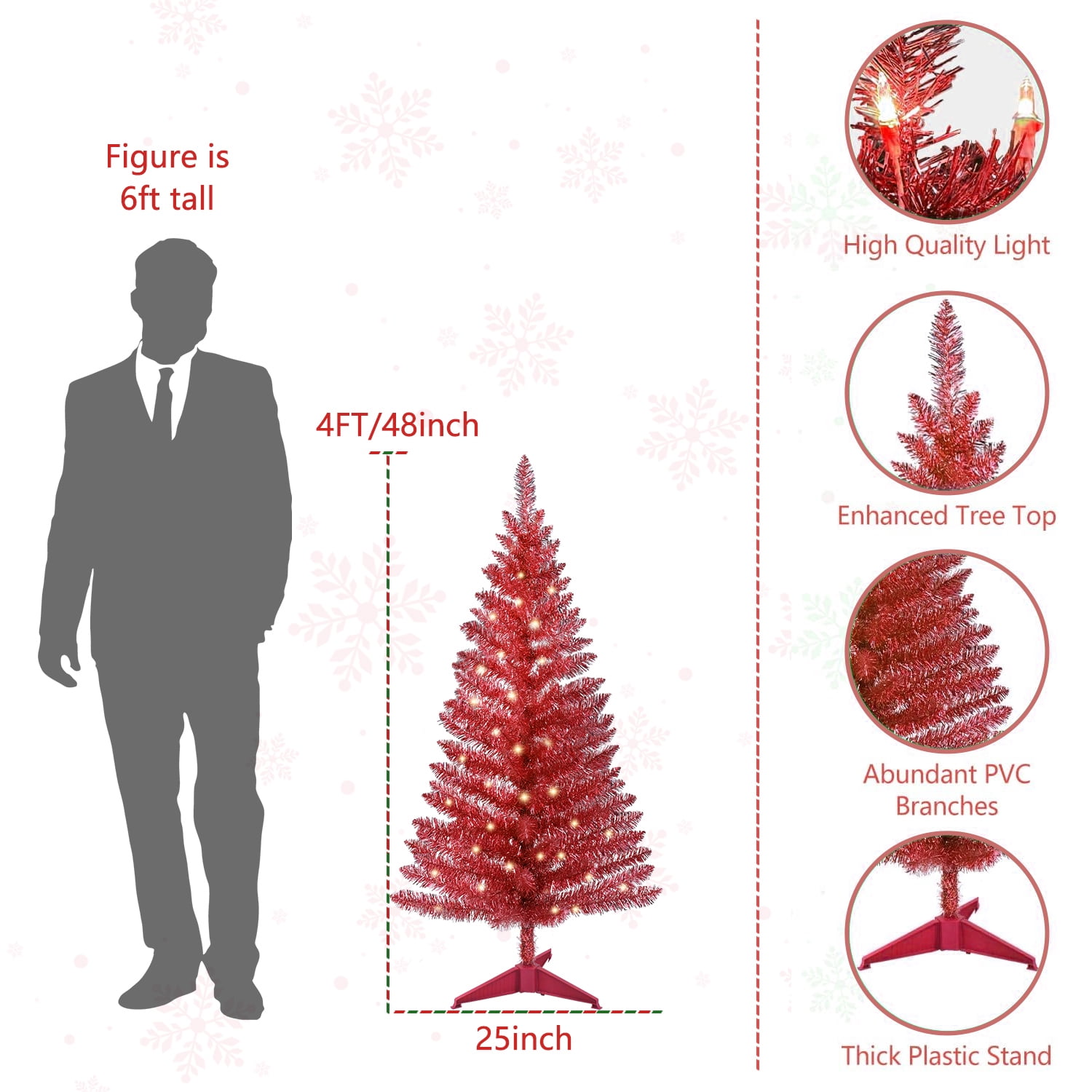 4 Ft Red Christmas Tree with 50 UL Lights, 122 PVC Tips, Prelit Artificial Holiday Tree for Indoor Decoration, Small Space, Tabletop, Apartment, or Office