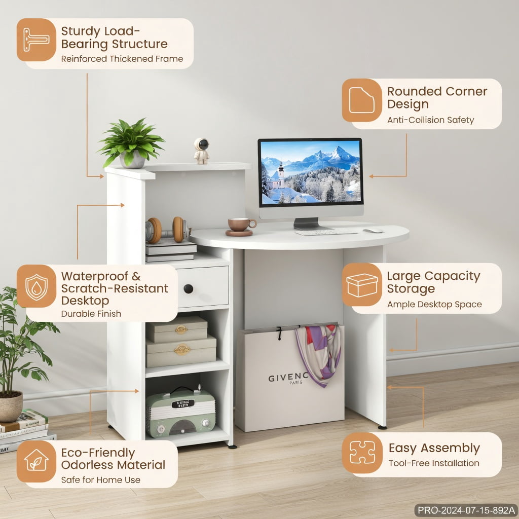 Demi Bonn Front Reception Office Desk with Open Shelf and Lockable Drawer, Small Home Computer Desk Study Writing Table, White