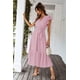 thumbnail image 4 of Vestido PRETTYGARDEN maxi rosa con volantes, escote en V y cinturón, talla grande, 4 of 6