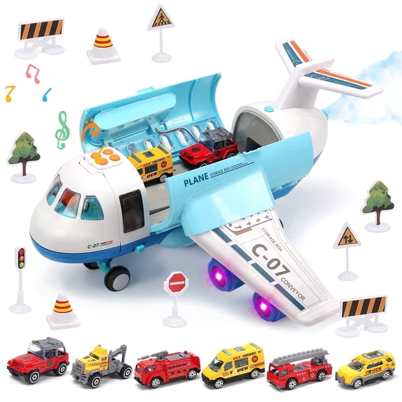 Toy Airplane with Smoke, Lights & Sounds, Friction Powered Plane Toy with Mini Cars for Kids, Great Christ Gift for Boys and Girls