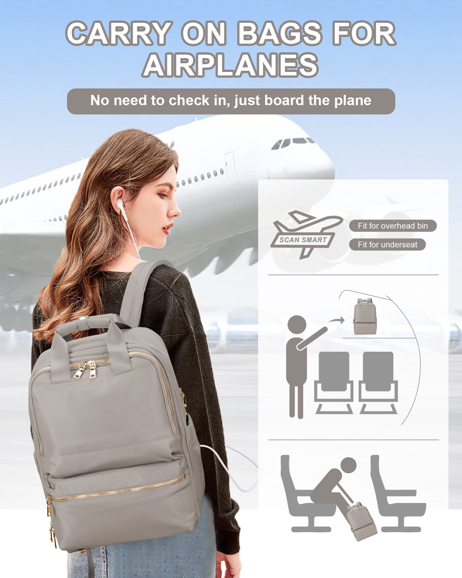 Travel Backpack For Women Men Airline Approved Carry On Bags For Airplanes Khaki Laptop Backpack Personal Item Backpack For Traveling On Airplane College Backpack With Laptop Compartment