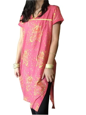 Mogul Women Tunic Dress Pink Yellow Floral Printed Summer Bohemian Kurti M