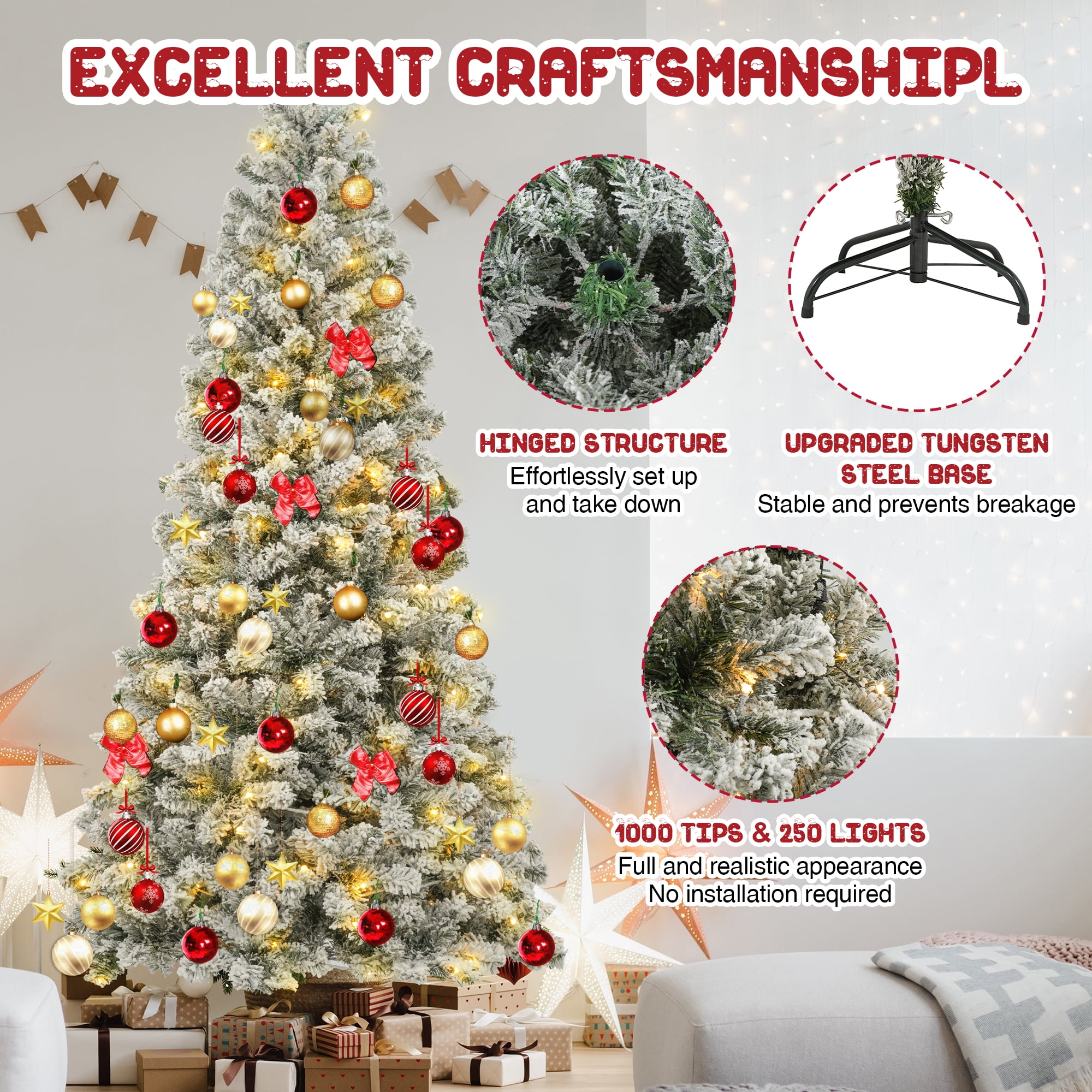 Posrue 6.5ft Pre-Lit Snow Flocked Slim Christmas Tree with 1000 Tips 250 Warm Lights, Hinged Artificial Holiday Xmas Pine Tree, White